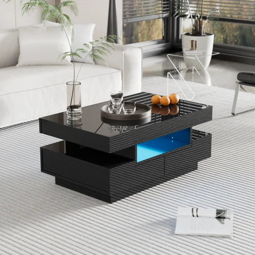 70 L x 35,5 H x 70 B (cm) Coffee table, Black high gloss living room table, side table with drawers and golden accents