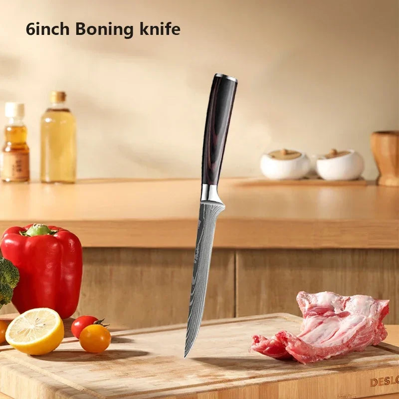 Damascus Chef's Knife Kitchen Knives Set Professional Boning Knife Meat Cleaver Utility Knife Japanese Santoku Knife with Cover