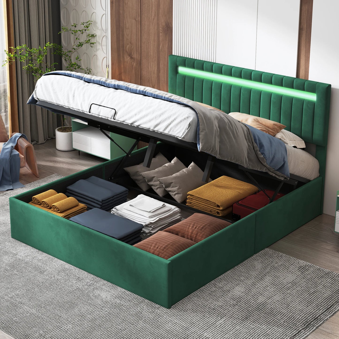 Lazyspace Green Vertical-Striped Upholstered Beds, 2 Level Adjustable Headboard Pneumatic Bed, RGB Bedhead Light Storage Bed