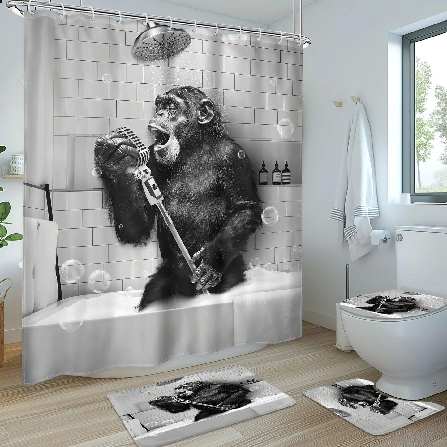 1pc/4pcs - Funny Monkey Shower Curtain Set, Black and White Animal Chimpanzee Singing in Bathtub, Mens Modern CoolBathroom Decor