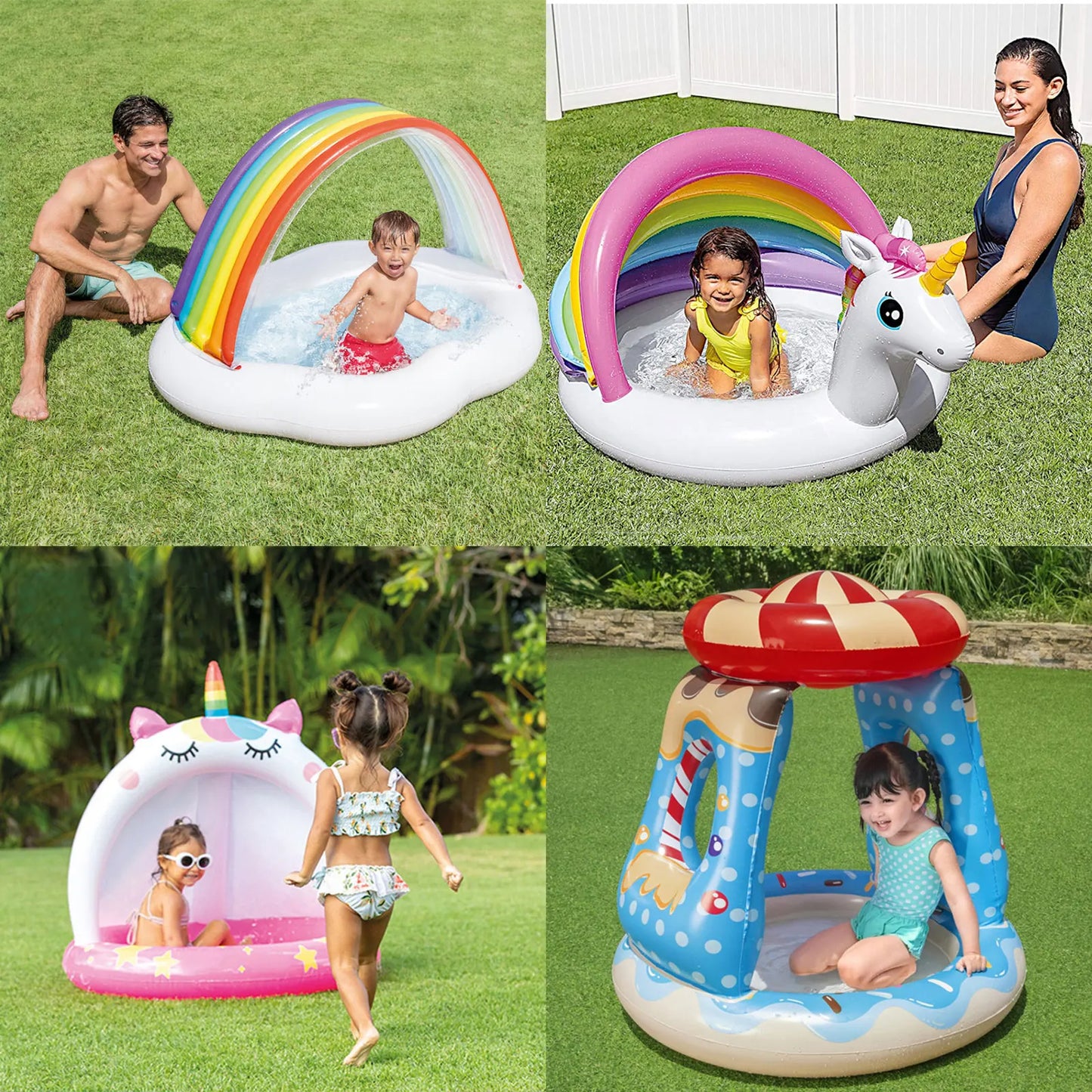 Inflatable Swimming Pool for Baby Kiddie 1-3Y with Turtle Shape Sunshade Canopy Sea Pattern Fun Outdoor Water Play Pool Toy
