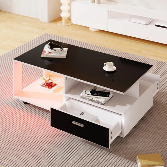 Modern LED coffee table with black glossy top with two drawers, color combination black and white