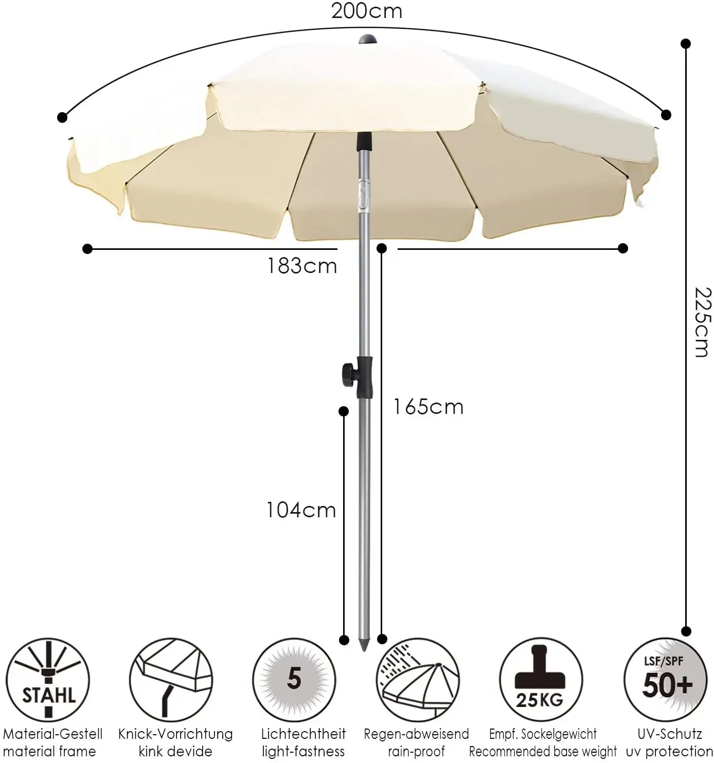 Parasol 200 Cm Round Parasols, Articulated UV Protection UPF 50+,Rainproof Garden Umbrella,Patio Umbrella 160G/m² Beach Umbrella