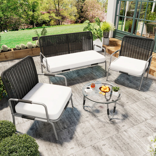 Poly Rattan Furniture Set with Armchair, Coffee Table & Cushions, Removable and Washable Fabric Cover Garden Furniture Set