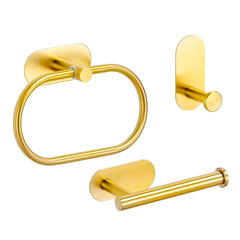 No Drilling Stainless Black Silver Towel Bar Self-adhesive Hook Paper Holder Towel Ring Brushed Gold Bathroom Accessories Set