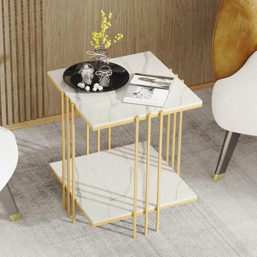 LUVODI Side Table for Living Room Modern 2-tier Square Marble Sofa Side Coffee Table with Gold n Black Metal Frame