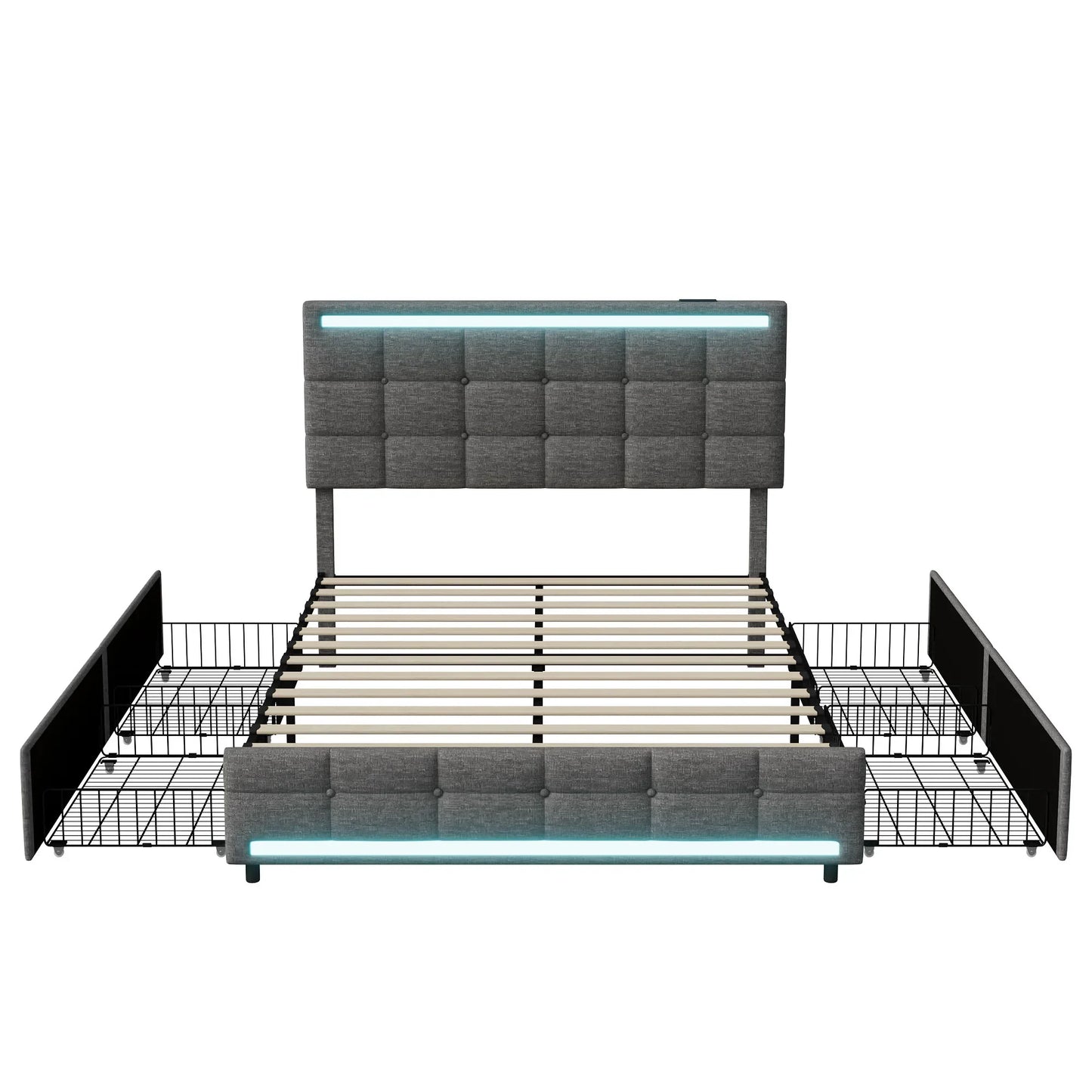 Lazyspace Hemp Upholstered Bed 140x200cm, Single Double Bed Frame with RGB Lights Headboard, USB Port and 4 Storage Drawers