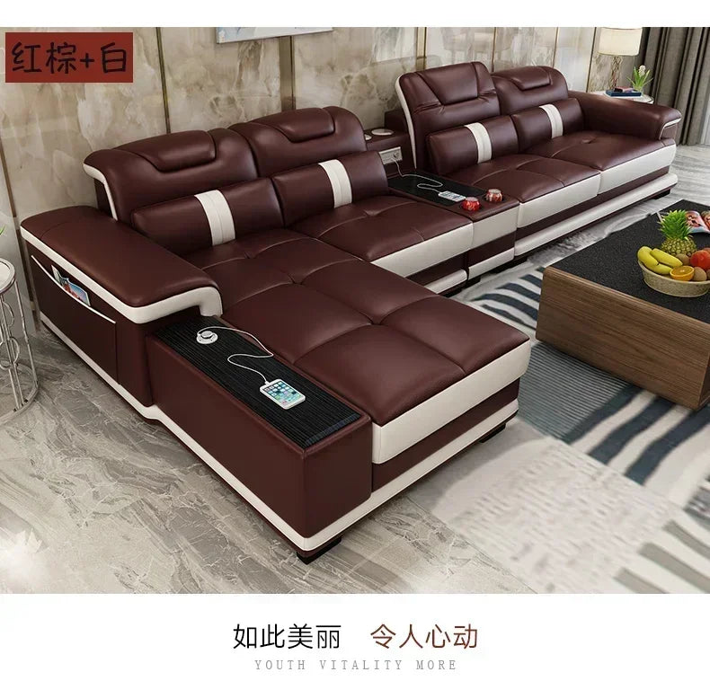 High-quality Durable Living Room Sofa Set Corner Sofa Speaker Real Genuine Cow Leather Sectional Sofas Bluetooth Headrest