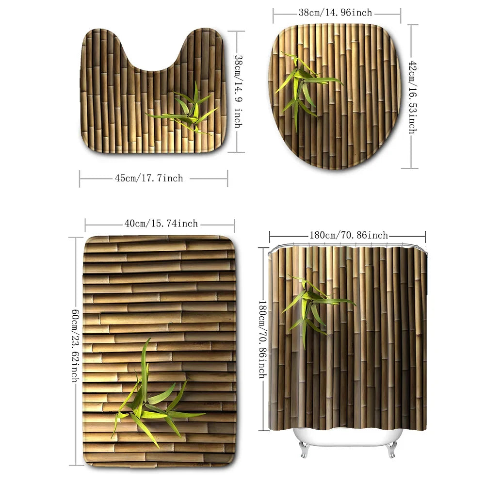 4-piece set of bamboo forest plant printed waterproof shower curtains with 12 hooks and bathroom floor mats