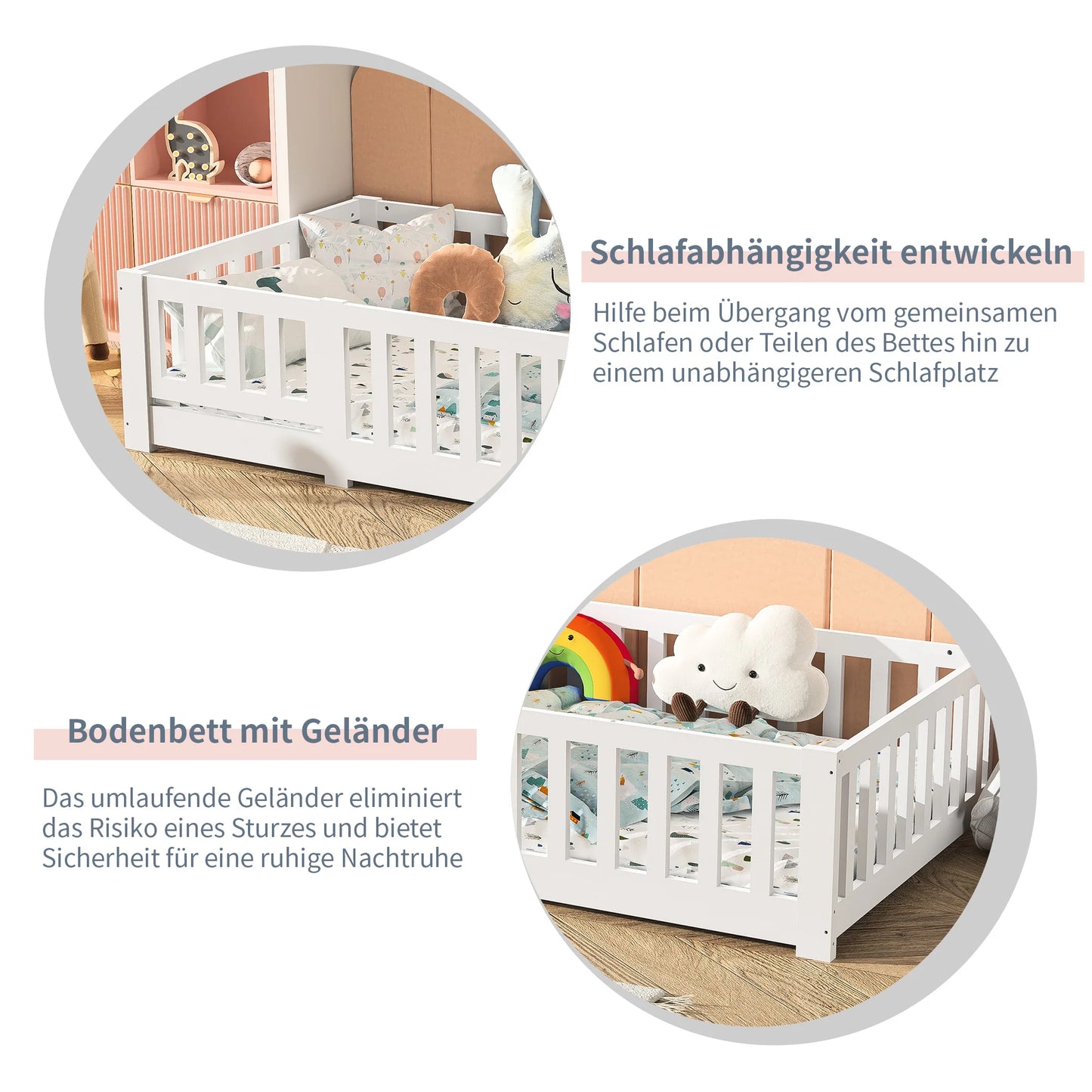 Lazyspace Children’s Bed with Fall Protection, Includes Slatted Frame, Floor Bed for Boys and Girls, Solid Pine Wood, White