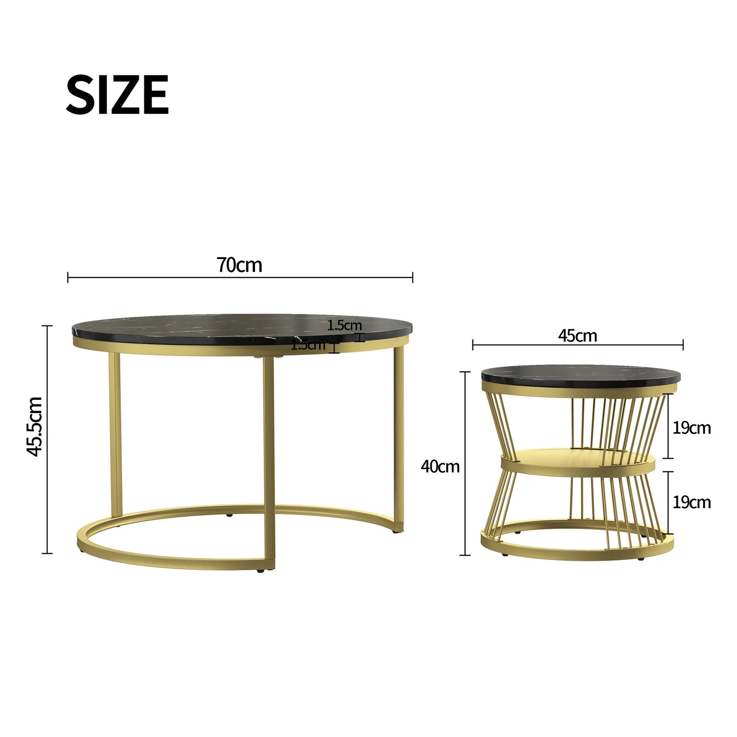 Lazyspace Nesting Coffee Table, Coffee Table Set, Marble Veneer, With Gold Frame, Round End Table, For Living Room, Sofa Side