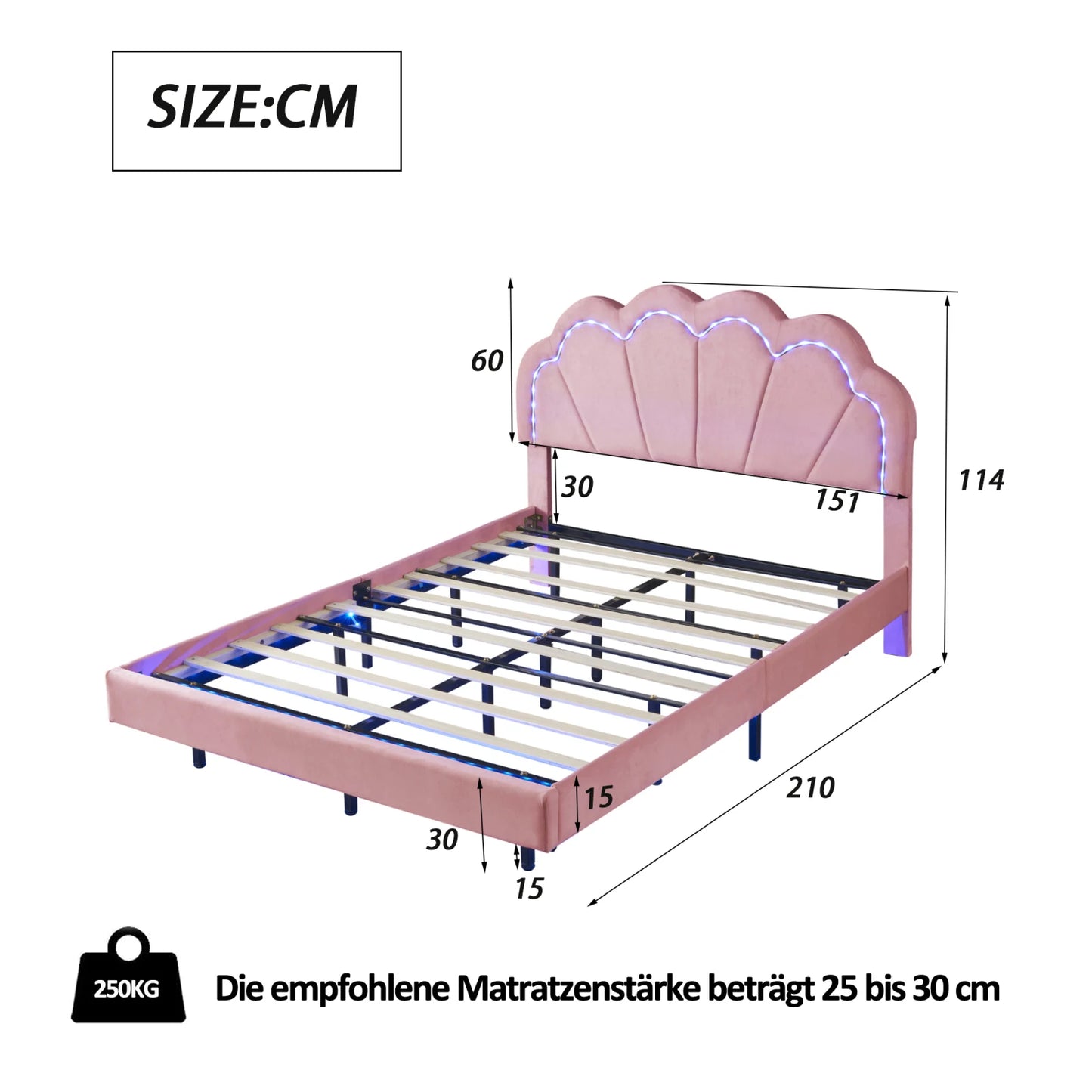 Comanlai Children's Bed 140x200cm with Flower Shape Headboard,Upholstered Bed with LED Lights,Double Bed,Velvet