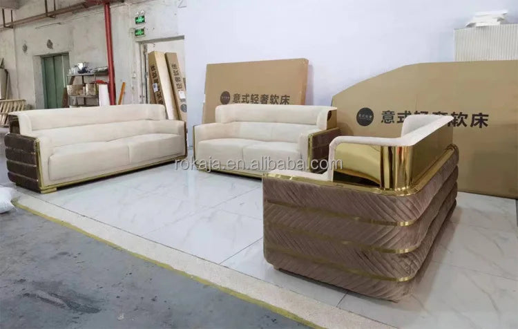 High-end combination sofa set Luxury gold stainless steel back Modern fabric Chesterfield 1 2 3 4-seat sofa Villa leisure