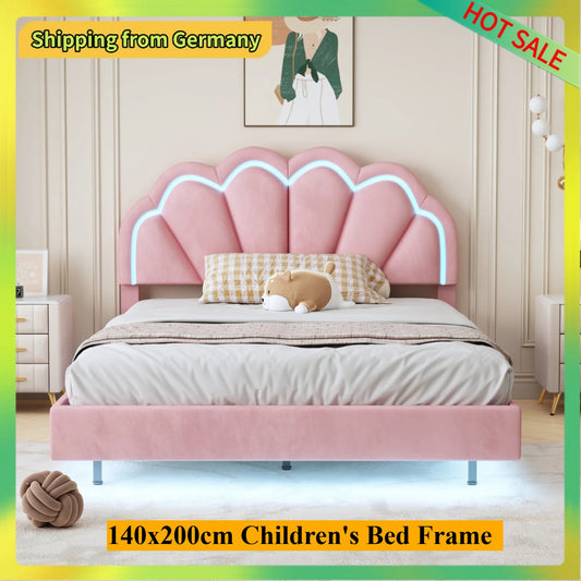 Comanlai Children's Bed 140x200cm with Flower Shape Headboard,Upholstered Bed with LED Lights,Double Bed,Velvet