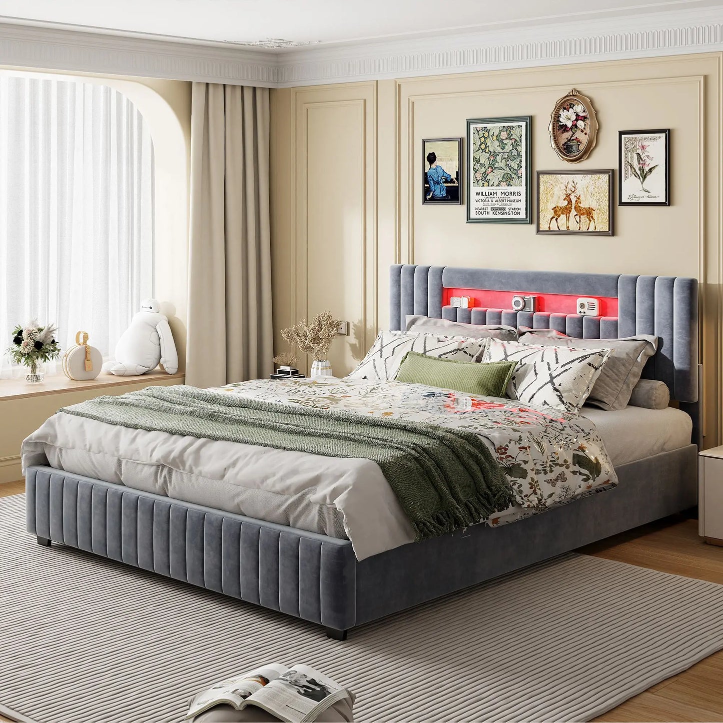 Creahappy Soft-Pad Bed, Double Bed Frame 160x200 cm, Storage Bed Frame with Hydraulic Storage Function and LED Lights