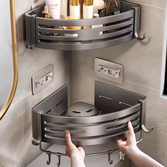 No-Drill Adhesive Style Aluminum Bathroom Shelf Shelves Shampoo Makeup Storage Holder Kitchen Organizer Wall Mounted Rack Access