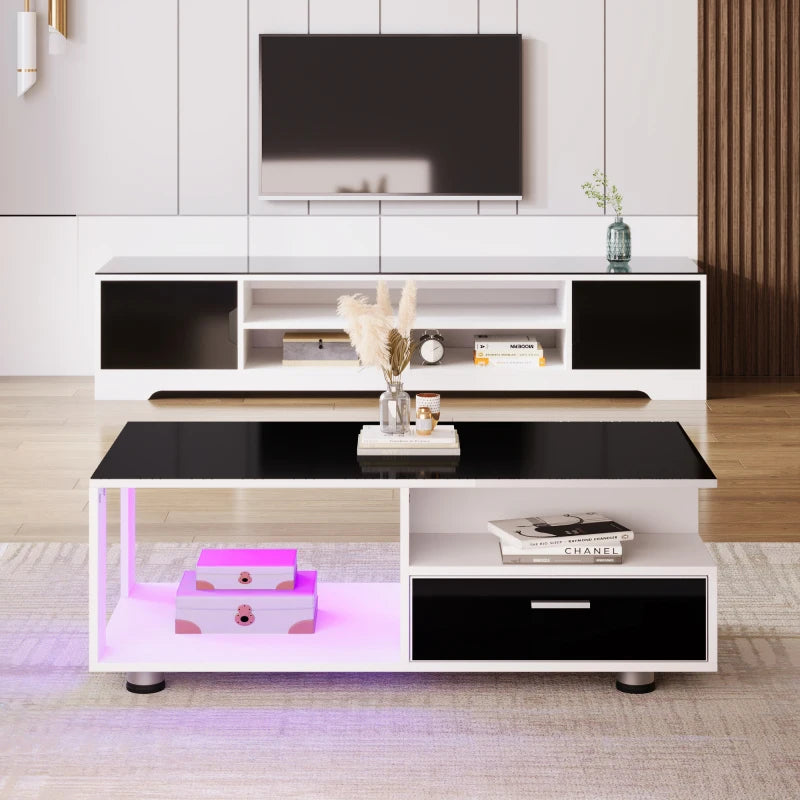 Modern LED coffee table with black glossy top with two drawers, color combination black and white