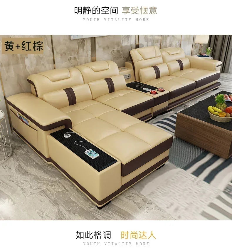 High-quality Durable Living Room Sofa Set Corner Sofa Speaker Real Genuine Cow Leather Sectional Sofas Bluetooth Headrest