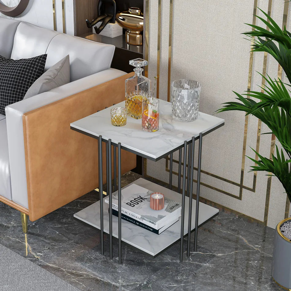 LUVODI Side Table for Living Room Modern 2-tier Square Marble Sofa Side Coffee Table with Gold n Black Metal Frame