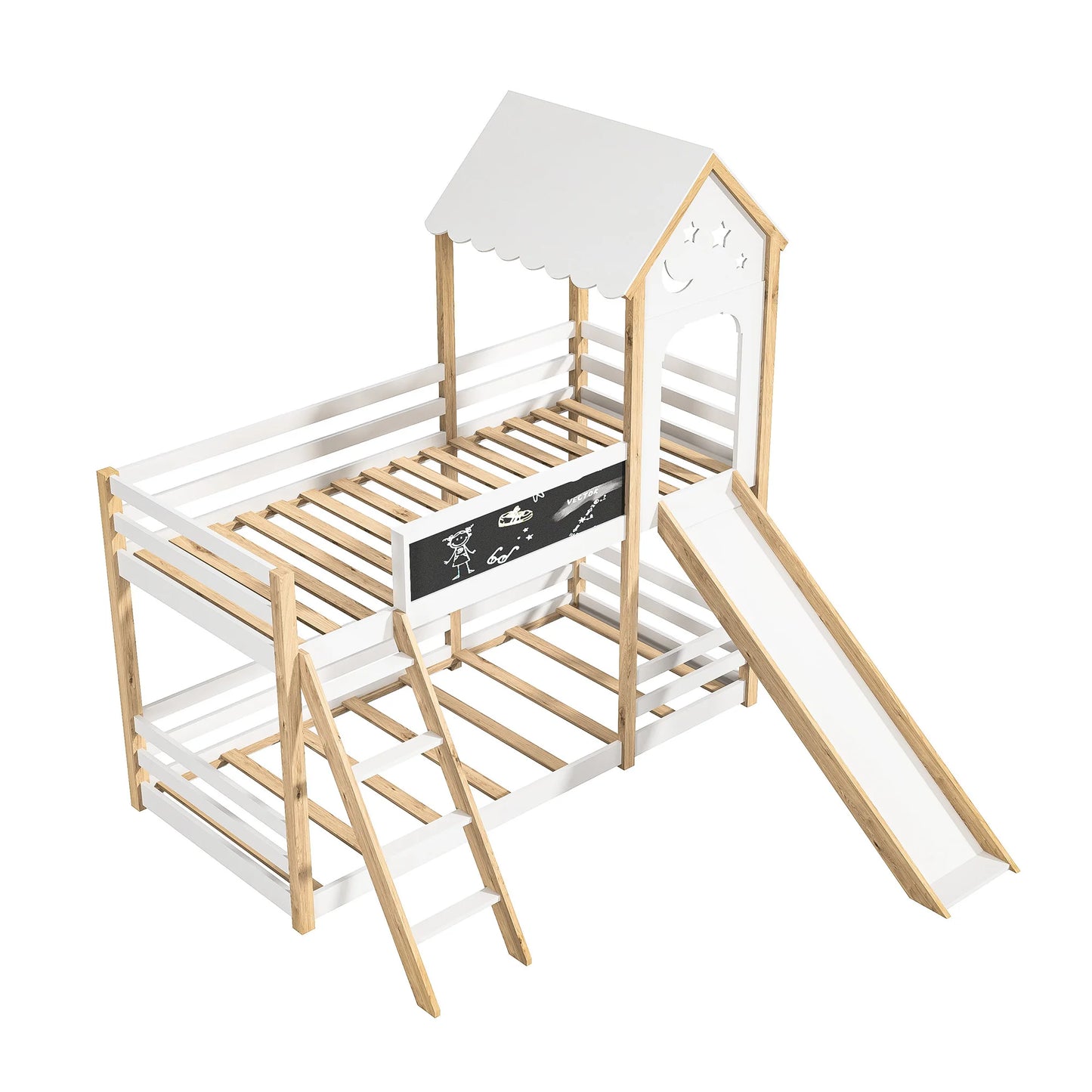 Wooden Bunk Beds for Kids,9 x200cm,Tree House Toddler Bed with Slide and Ladder,Bed Frame with Blackboard,Without mattress