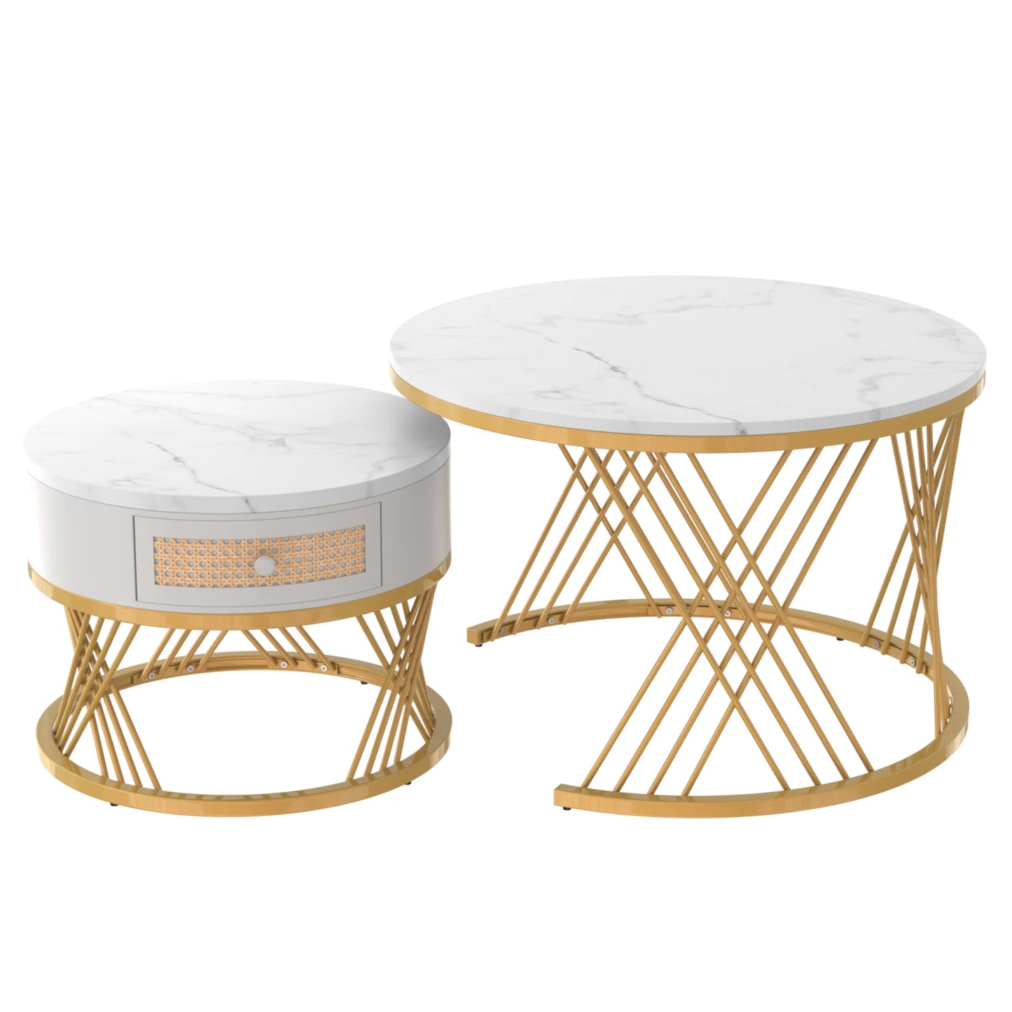 Comanlai 2-in-1 Round MDF Coffee Table,Side Table with Drawers,Wood Handles and Golden Iron Feet 70x70x45.5cm+ 50x50x38.5cm