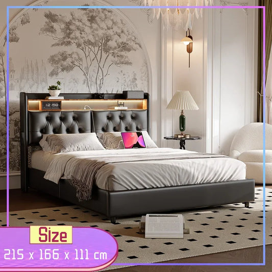 Creahappy Soft-Padded Bed - Double Bed Frame 160x200cm - With USB Charging Function and Pneumatic Lever Storage Function