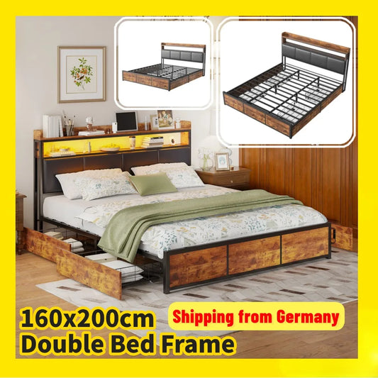 Comanlai Upholstered Bed160 x 200 cm,Double Bed with 4 Drawers and LED Lights,Metal Bed Frame,PU Leather,Tiger Skin Colour