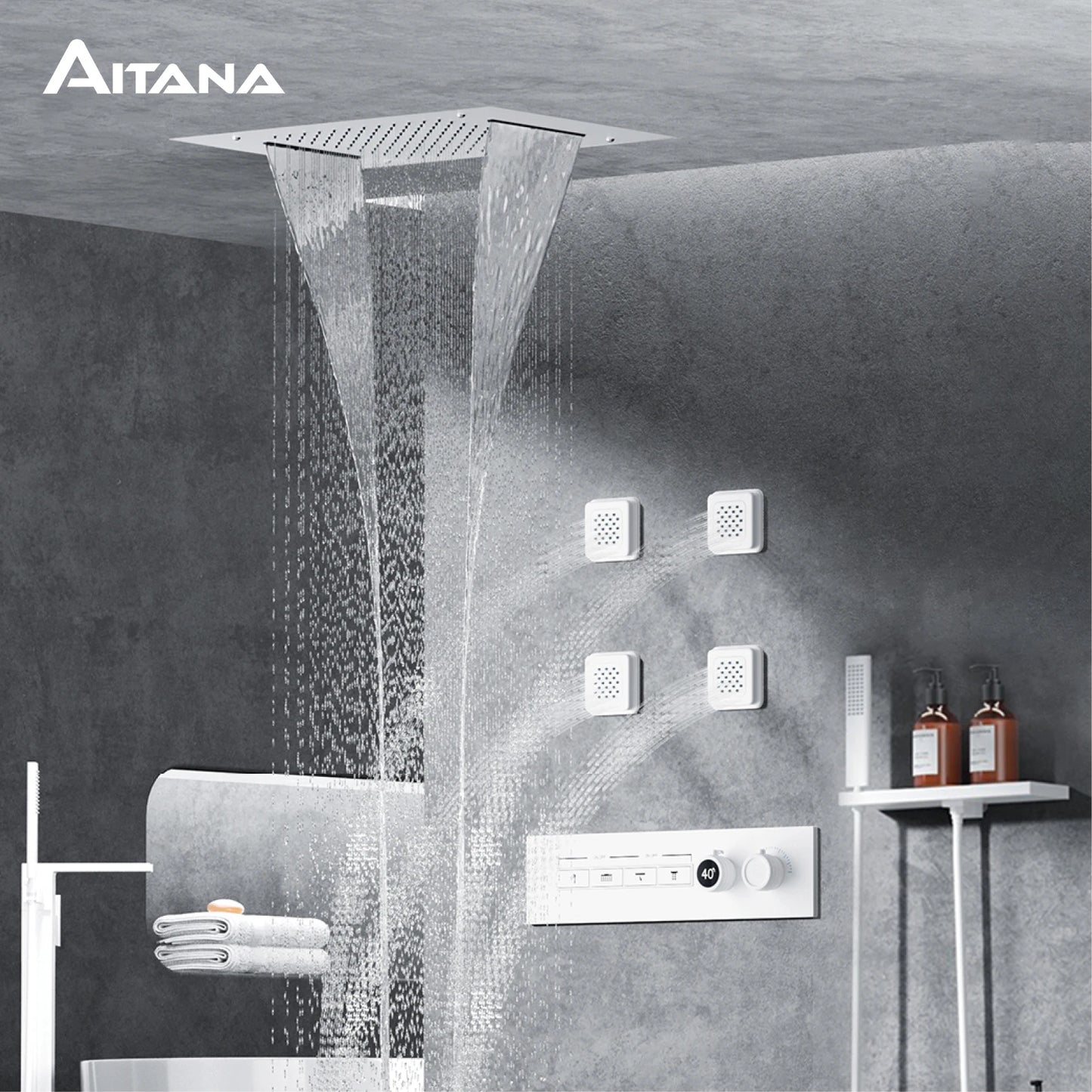 Luxury Gun Grey Brass Thermostatic Shower System Ceiling-Embedded Rainfall&Waterfall Outlet with LED Display Bathroom Mixer Tap