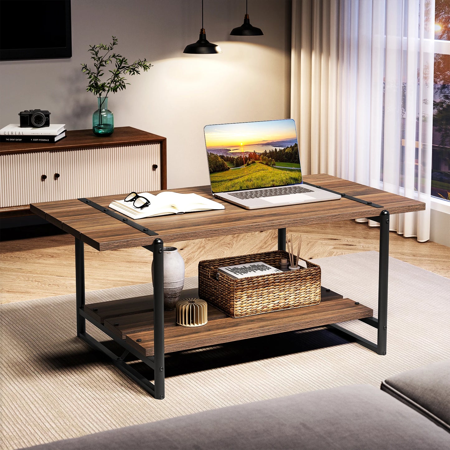 2-Tier Wood Coffee Table, Farmhouse Coffee Table with Storage Shelf- Rustic Metal Rectangle Center Living Room Coffee Table