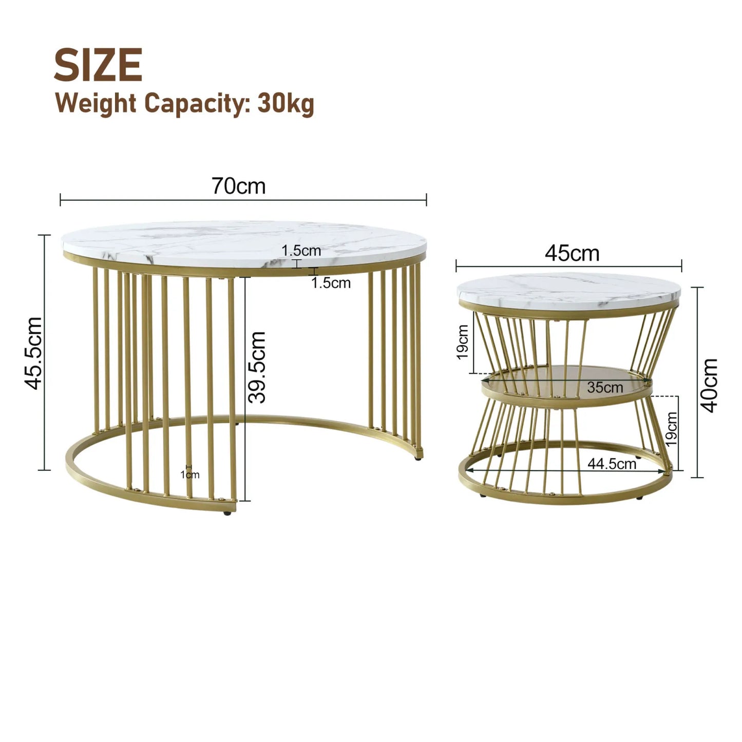 Lazyspace Nesting Coffee Table, Coffee Table Set, Marble Veneer, With Gold Frame, Round End Table, For Living Room, Sofa Side