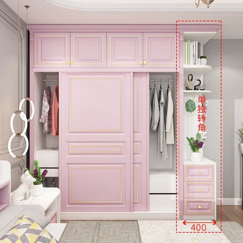 Princess Pink Girl Wardrobe American Room Light Luxury Solid Wood Sliding Door Wardrobe Multifunctional Locker