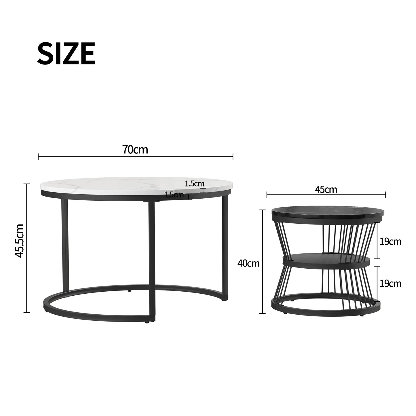 Lazyspace Nesting Coffee Table, Coffee Table Set, Marble Veneer, With Gold Frame, Round End Table, For Living Room, Sofa Side