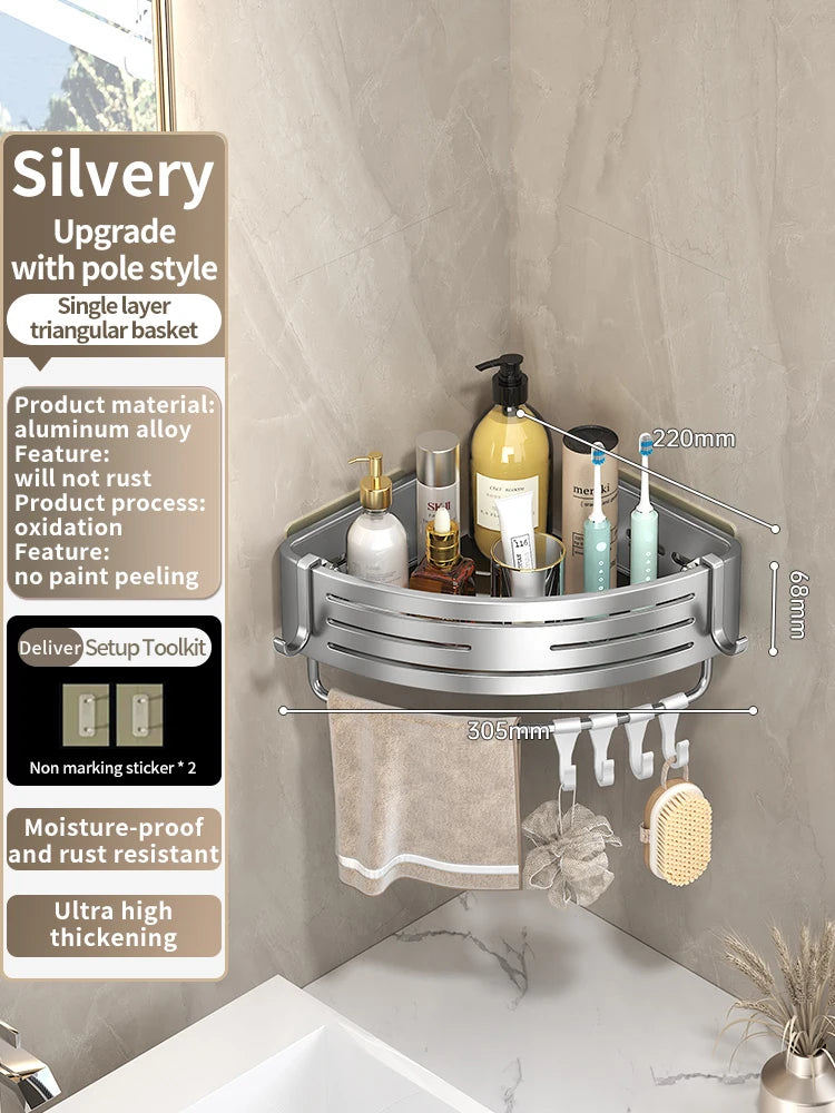 No-Drill Adhesive Style Aluminum Bathroom Shelf Shelves Shampoo Makeup Storage Holder Kitchen Organizer Wall Mounted Rack Access