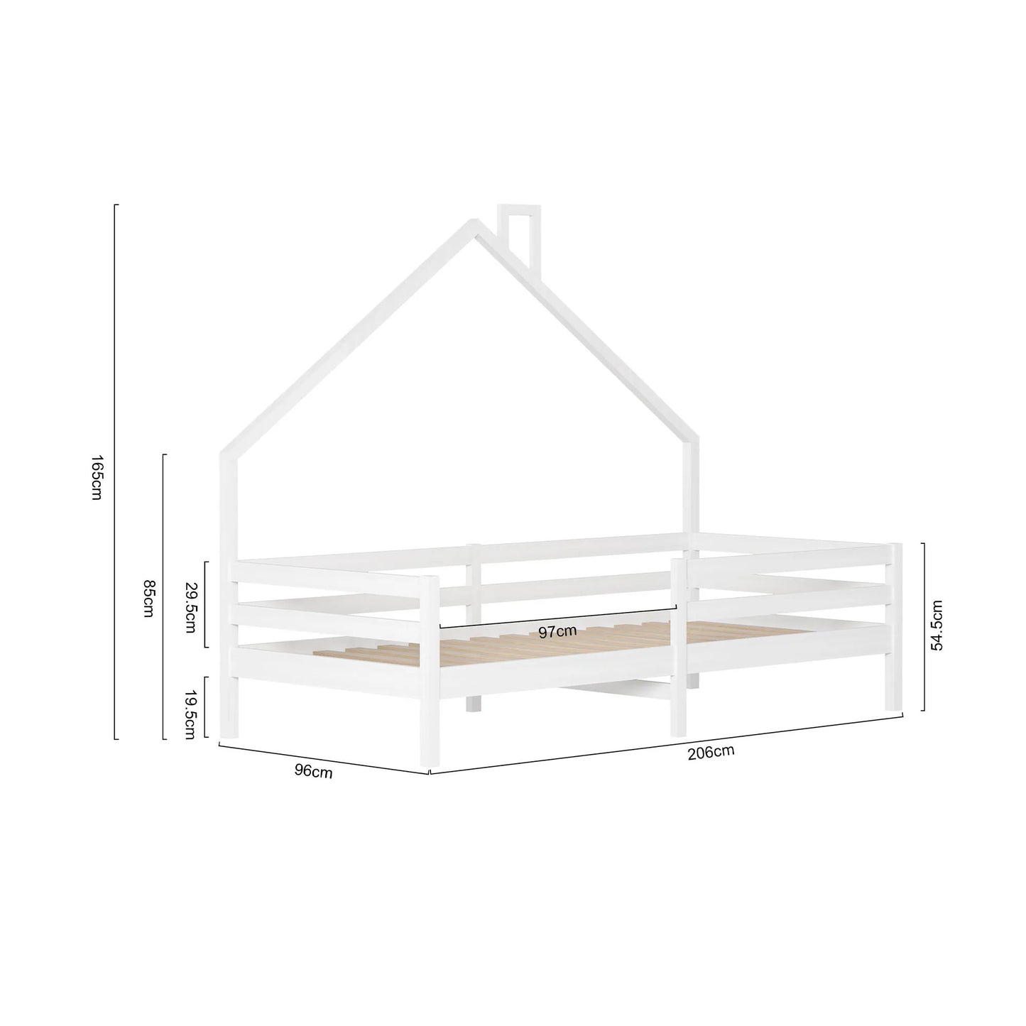 Children's Single Bed 90 x 200cm with Fall Protection Wooden House Bed with Slatted Frame for Boys and Girls