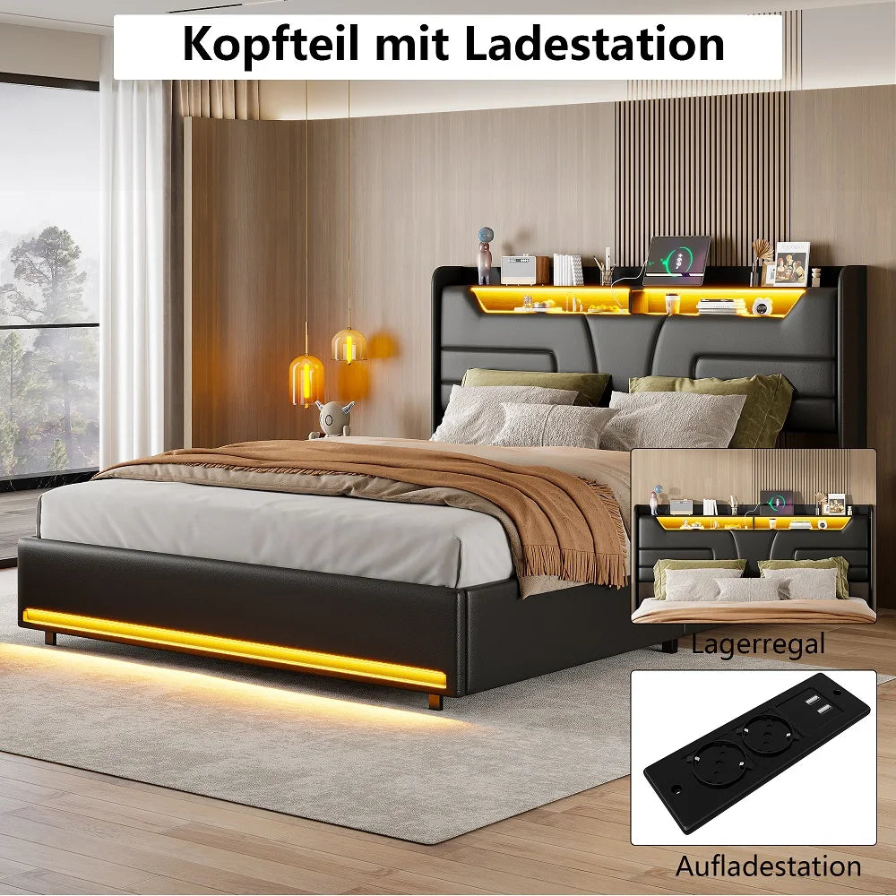 Lazyspace Black PU Storage Bed,Headboard with LED Bed Frame,Pressure Rod Upholstered Bed with Storage Space,Bedroom Furniture