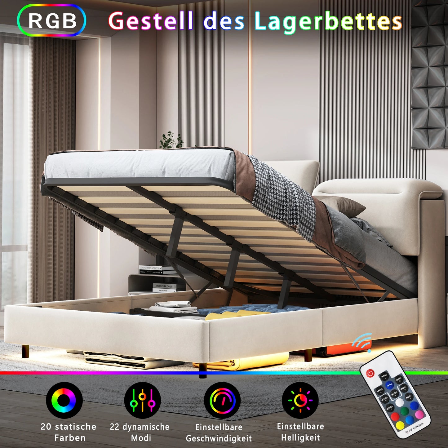 Creahappy - Soft-padded Double Bed - With Foldable, Adjustable Headboard - 160x200cm Double Bed - Under-bed LED Strip Light