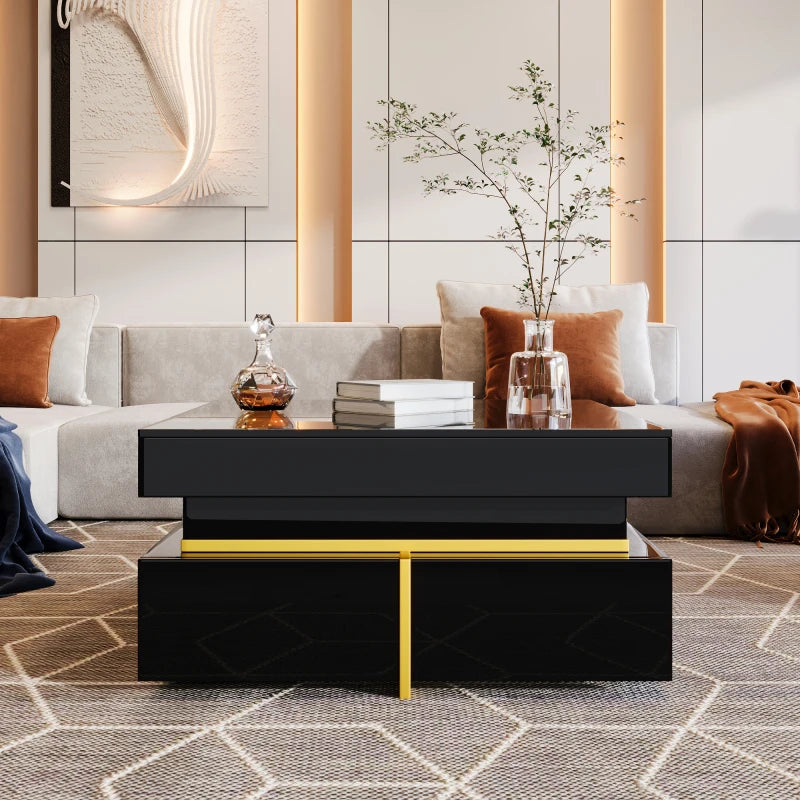 70 L x 35,5 H x 70 B (cm) Coffee table, Black high gloss living room table, side table with drawers and golden accents