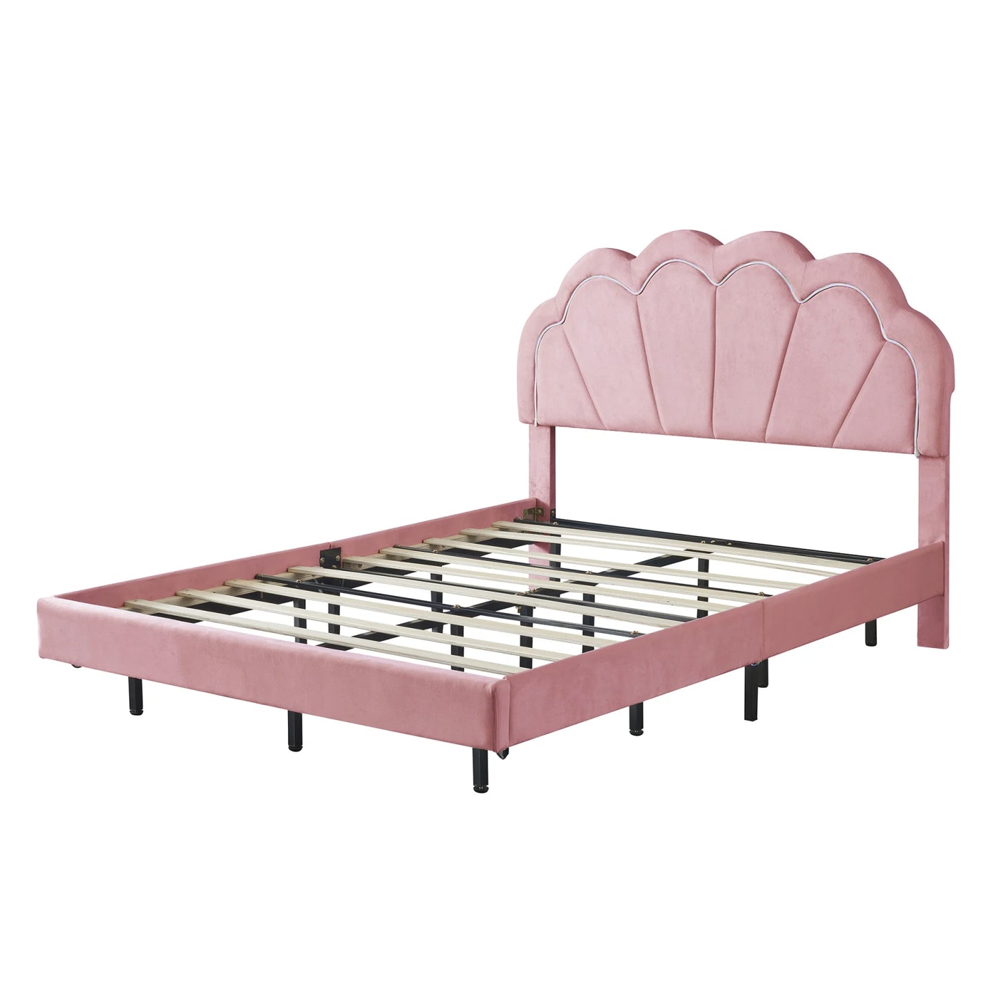 Comanlai Children's Bed 140x200cm with Flower Shape Headboard,Upholstered Bed with LED Lights,Double Bed,Velvet