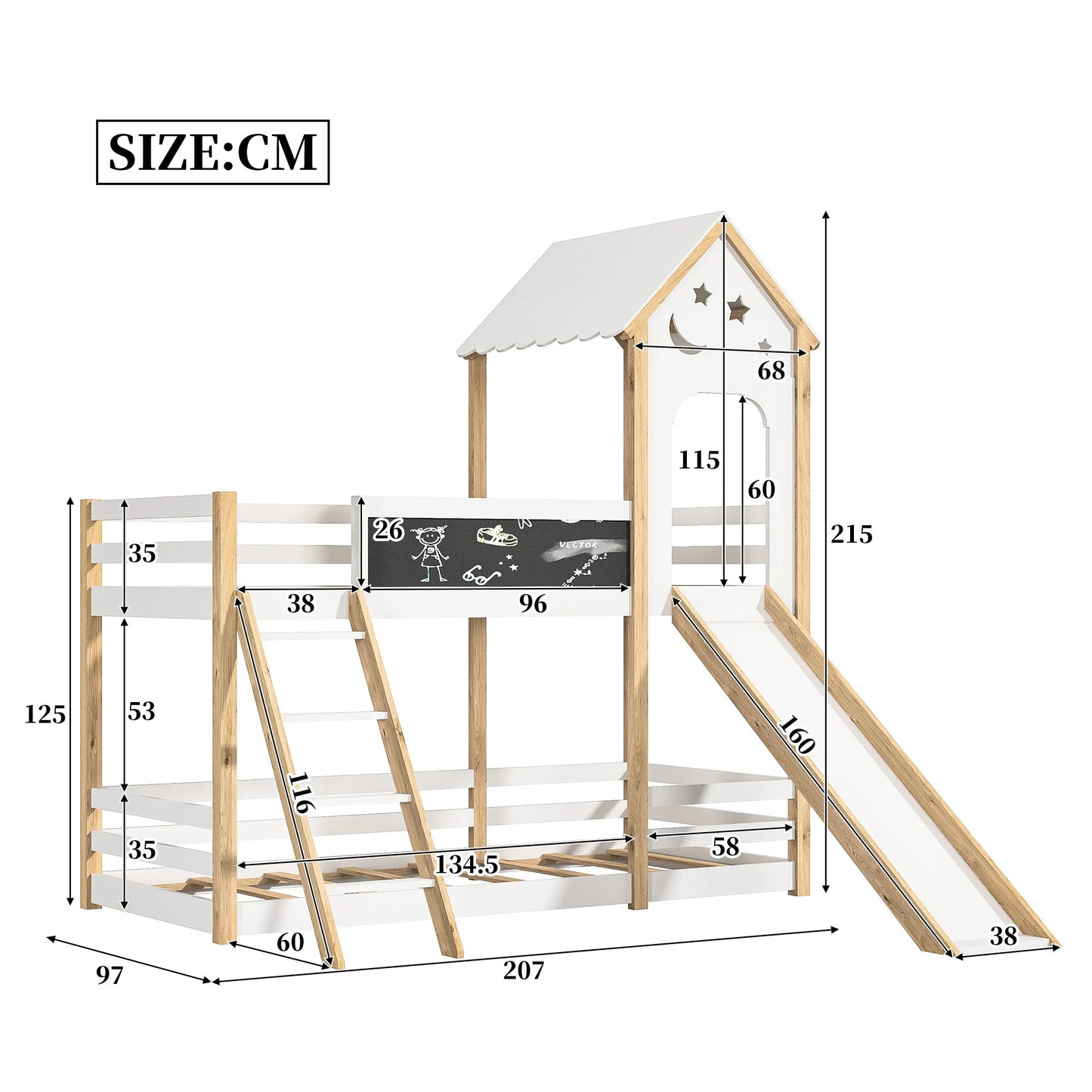 Wooden Bunk Beds for Kids,9 x200cm,Tree House Toddler Bed with Slide and Ladder,Bed Frame with Blackboard,Without mattress