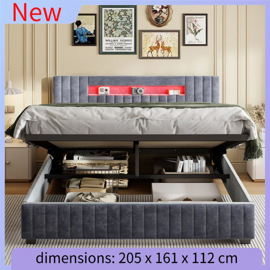 Creahappy Soft-Pad Bed, Double Bed Frame 160x200 cm, Storage Bed Frame with Hydraulic Storage Function and LED Lights