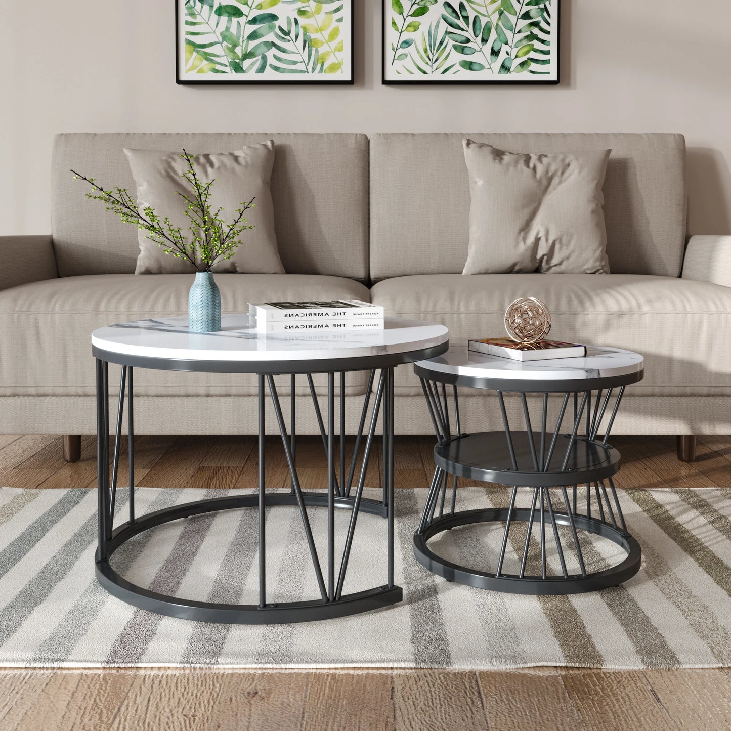Coffee Table, Round coffee Table Set of 2, Marble Look Coffee Table with Metal Leg Frame, Sofa-side Table, Embedded Coffee Table