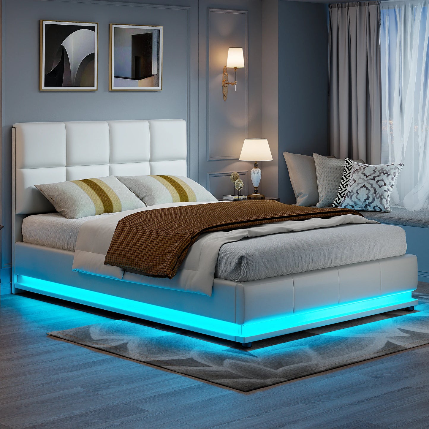 Anajqaqia 140×190 cm Upholstered Bed, Hydraulic double bed with LED lights and slatted frame, with Backrest headboard, PU, White