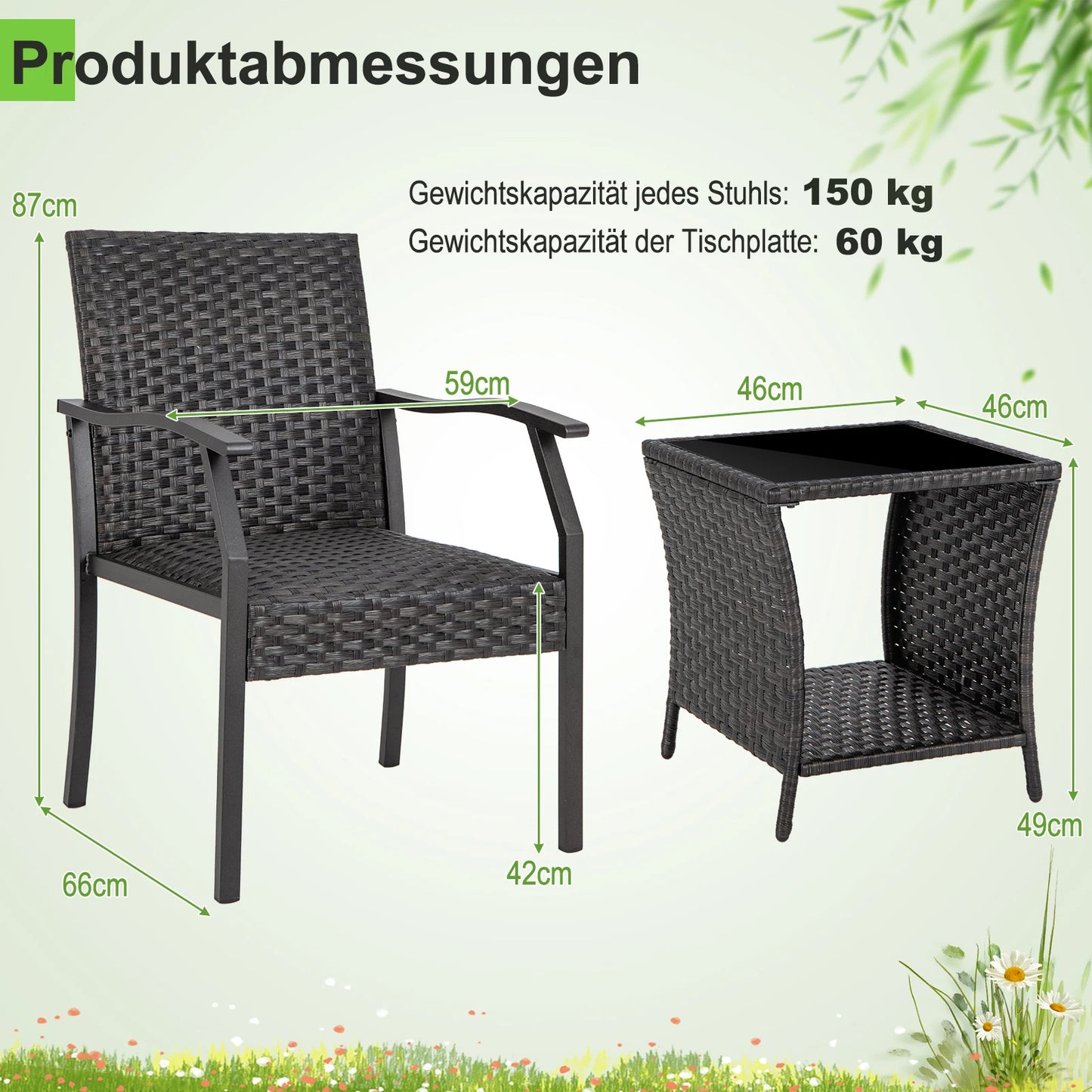 3-piece garden furniture set, rattan balcony set with 2 chairs and table, balcony furniture with upholstered seat, rattan furniture for small