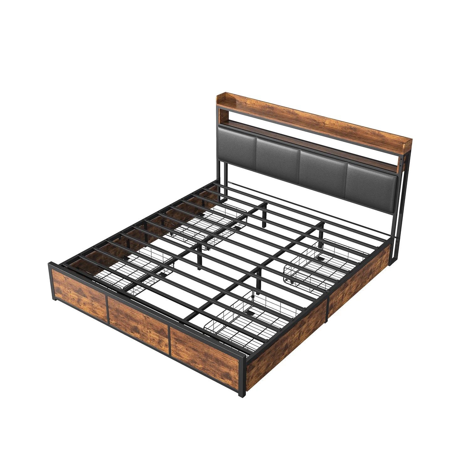Lazyspace double bed with LED light,bed frame 160x200cm with 4 drawers,black PU headboard with storage compartments,No Mattress