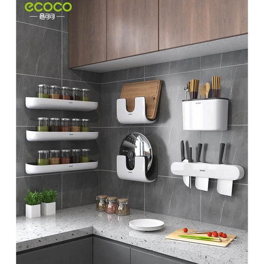 ECOCO Kitchen shelf perforated wall mounted household seasoning supplies complete knife rack rack multi-functional storage rack