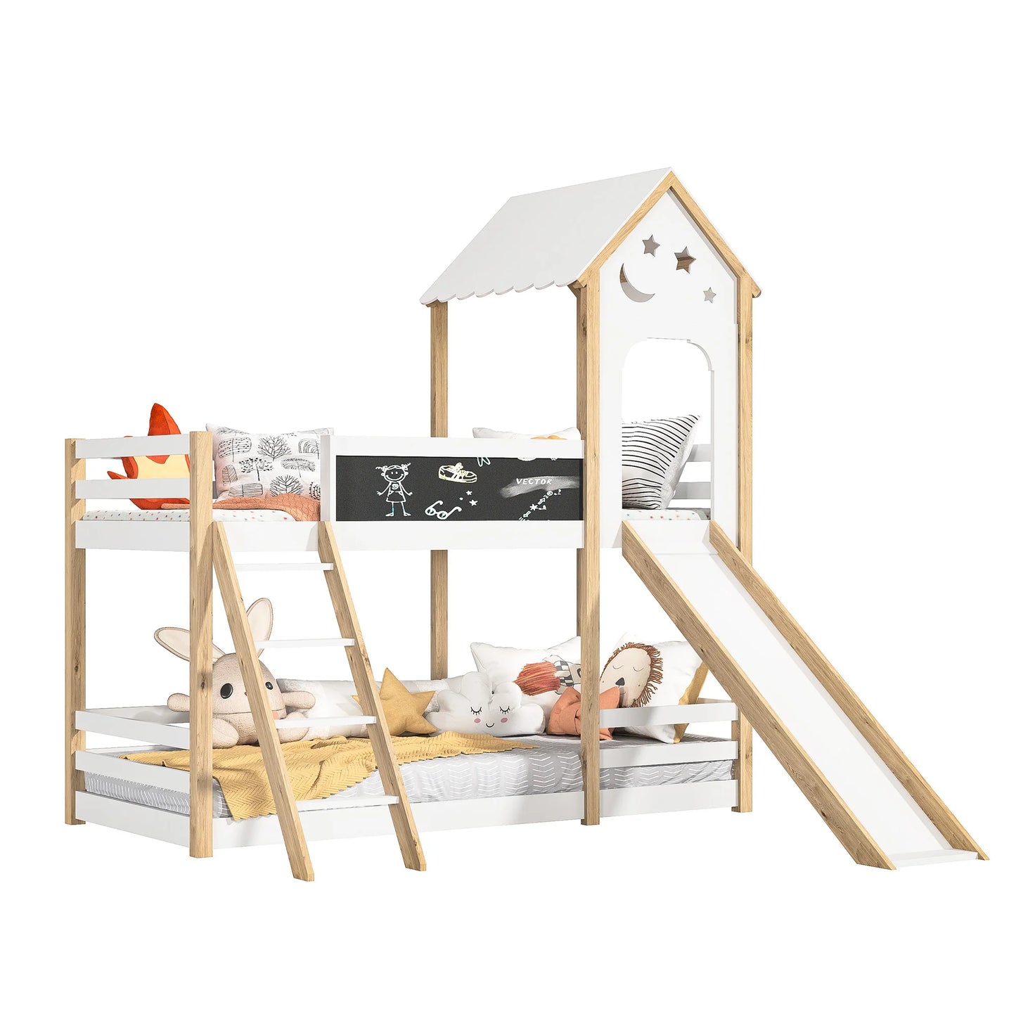 Wooden Bunk Beds for Kids,9 x200cm,Tree House Toddler Bed with Slide and Ladder,Bed Frame with Blackboard,Without mattress