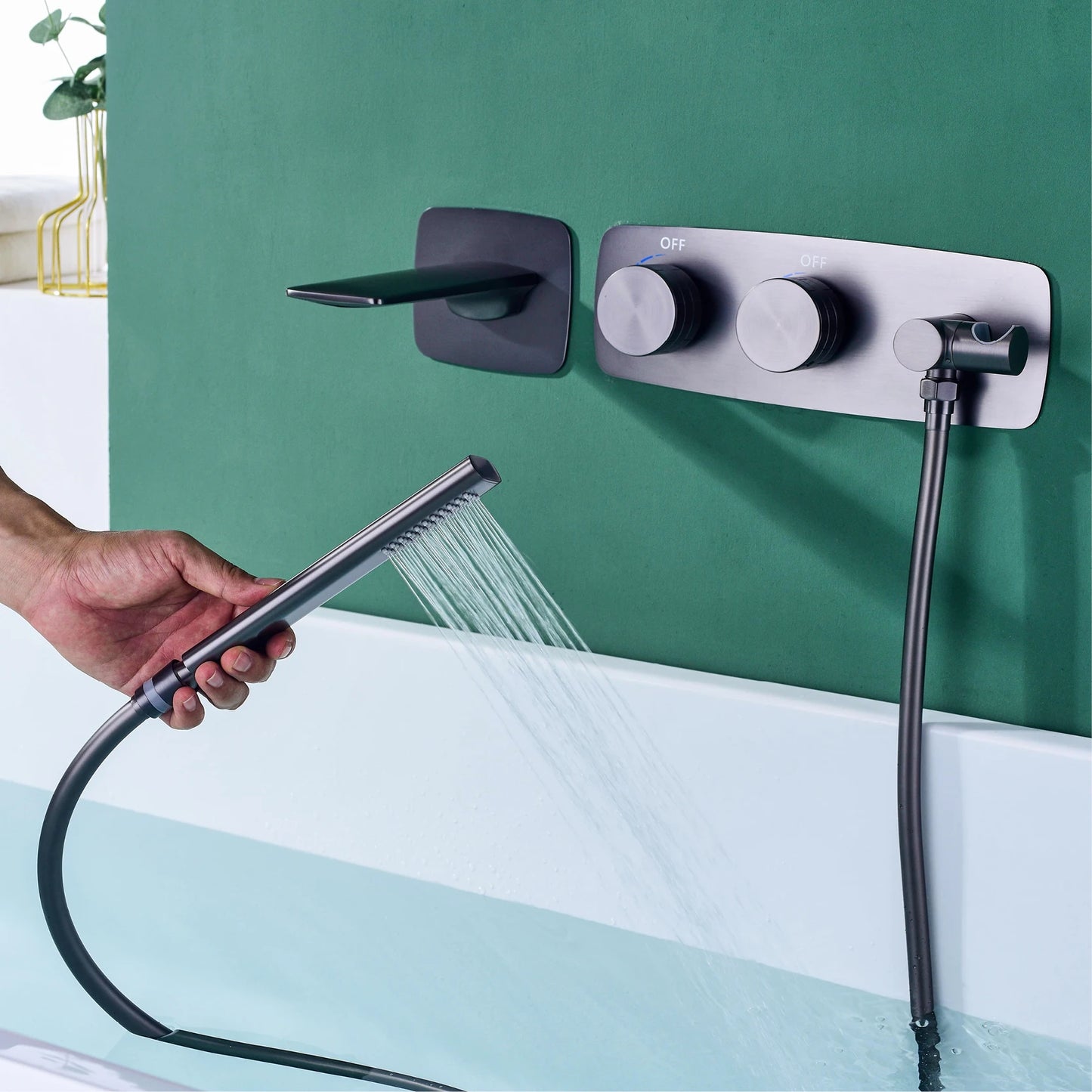 Luxury gun gray brass bathroom faucet wall-mounted design two-handle double-control waterfall bathtub cold & hot control Tap