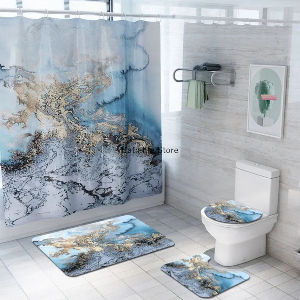 Marble Shower Curtain Sets Modern White Gold Bath Curtains 3D Luxury Toilet Cover Polyester Fabric Bathroom Accessories Sets