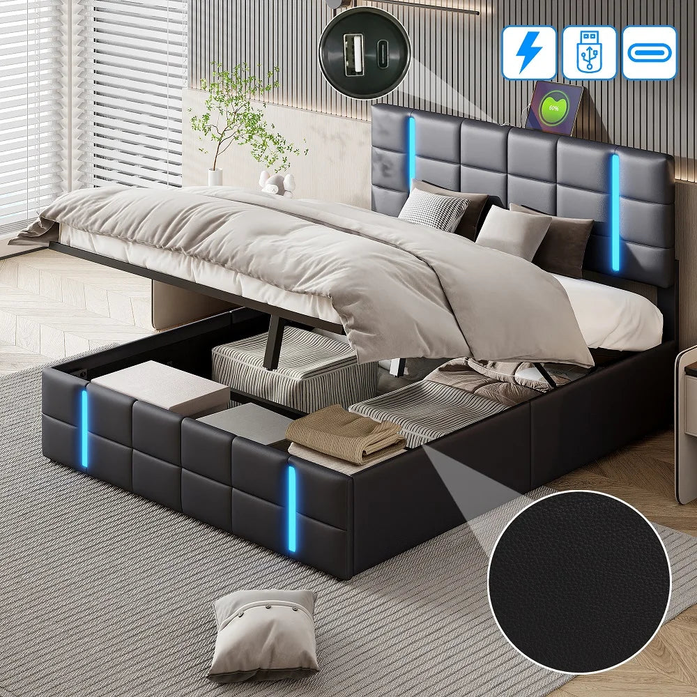 Lazyspace PU Upholstered Bed,Lifting Storage Bed Frame,2 USB Ports+ LED Light,Modern Home Bedroom Furniture 140/160x200cm