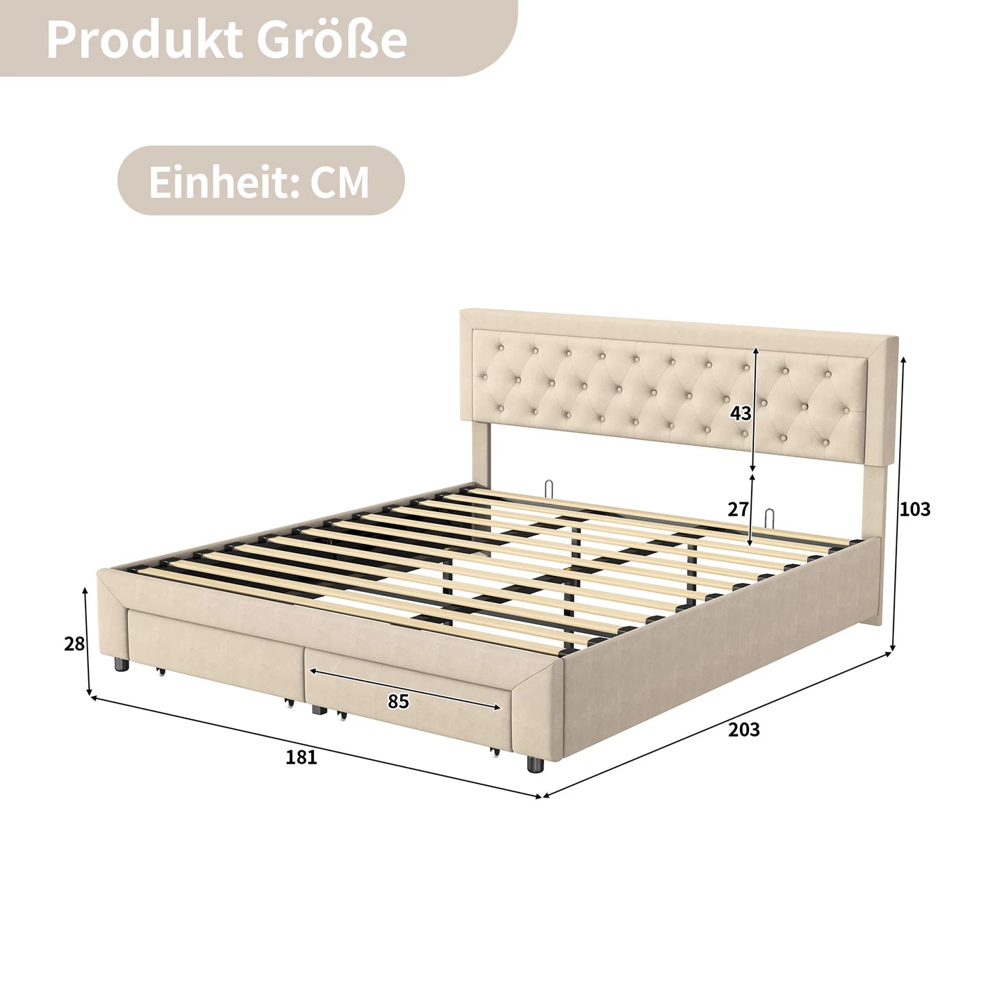 Comanlai Upholstered Bed 180x200cm,Double Bed with 2 Drawers,Bed with Storage Space,Hydraulic Storage Bed,Velvet Fabric,Beige